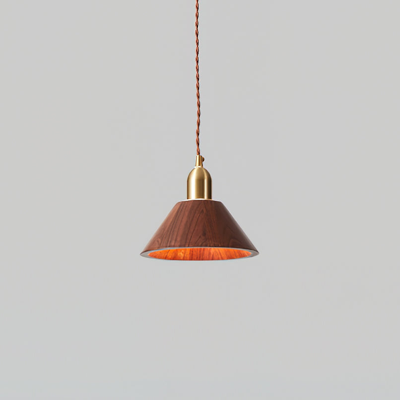 Walnut Finish Wood Pendant Lamp With Brass Accents